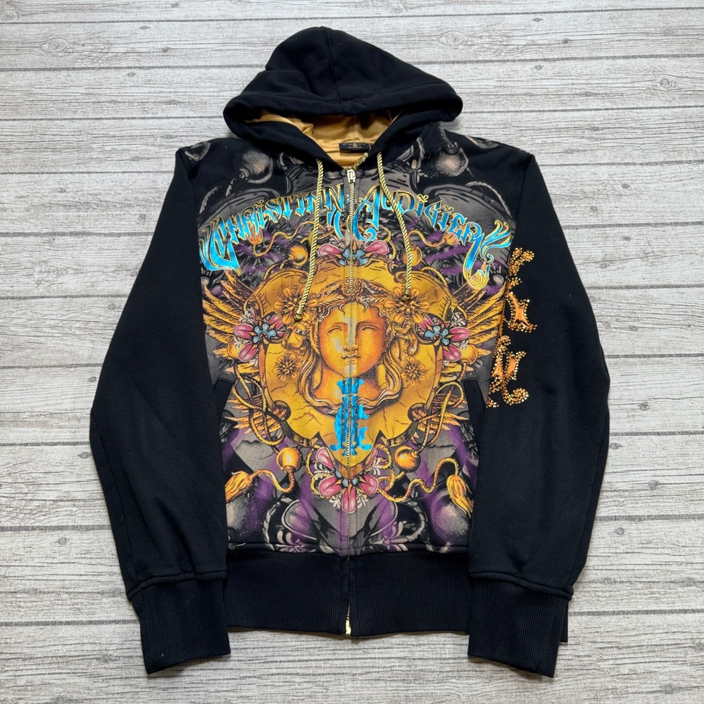 Y2K Christian Audigier Hoodie Men's Medium Black Medusa Rhinestone Streetwear